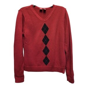 Merona Red V-Neck Sweater with Black Argyle Pattern - Size L